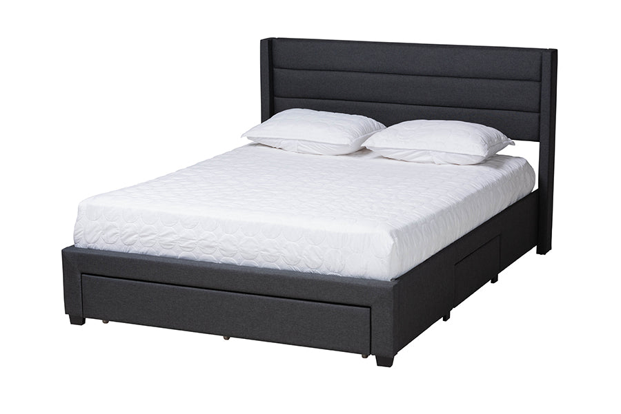 Baxton Studio Braylon Mid-Century Modern Transitional Charcoal Grey Fabric and Dark Brown Finished Wood Queen Size 3-Drawer Storage Platform Bed