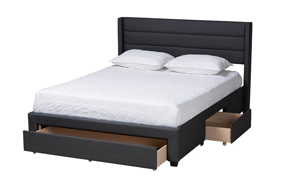 Baxton Studio Braylon Mid-Century Modern Transitional Charcoal Grey Fabric and Dark Brown Finished Wood Full Size 3-Drawer Storage Platform Bed