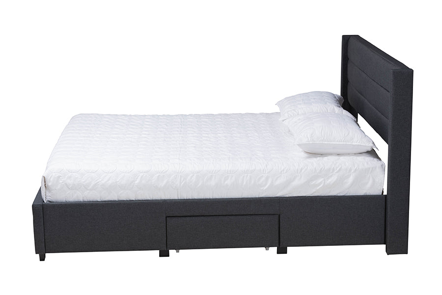 Baxton Studio Braylon Mid-Century Modern Transitional Charcoal Grey Fabric and Dark Brown Finished Wood Queen Size 3-Drawer Storage Platform Bed