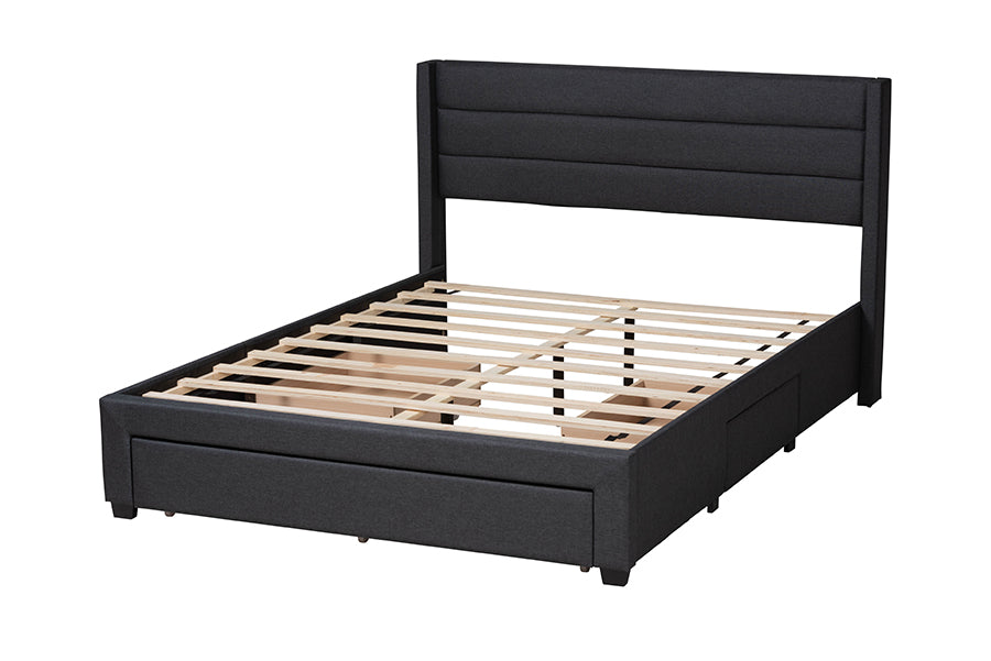 Baxton Studio Braylon Mid-Century Modern Transitional Charcoal Grey Fabric and Dark Brown Finished Wood Full Size 3-Drawer Storage Platform Bed