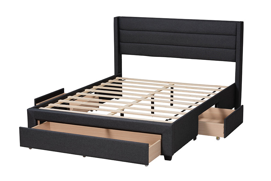 Baxton Studio Braylon Mid-Century Modern Transitional Charcoal Grey Fabric and Dark Brown Finished Wood Full Size 3-Drawer Storage Platform Bed