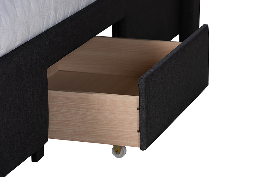 Baxton Studio Braylon Mid-Century Modern Transitional Charcoal Grey Fabric and Dark Brown Finished Wood Full Size 3-Drawer Storage Platform Bed