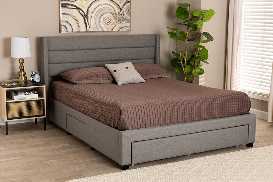 Baxton Studio Braylon Mid-Century Modern Transitional Light Grey Fabric and Dark Brown Finished Wood Queen Size 3-Drawer Storage Platform Bed