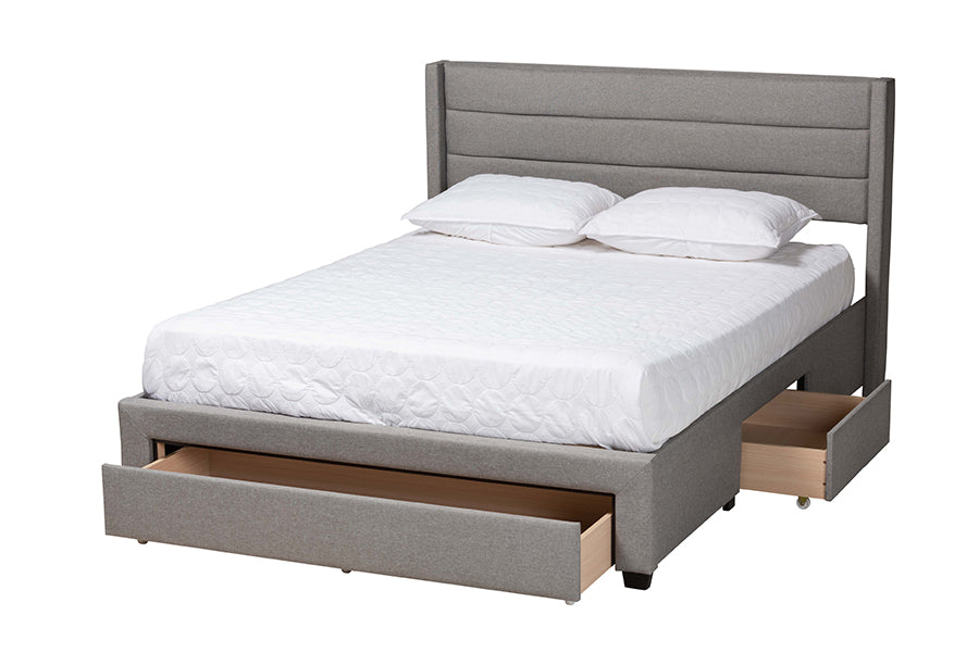 Baxton Studio Braylon Mid-Century Modern Transitional Light Grey Fabric and Dark Brown Finished Wood Queen Size 3-Drawer Storage Platform Bed