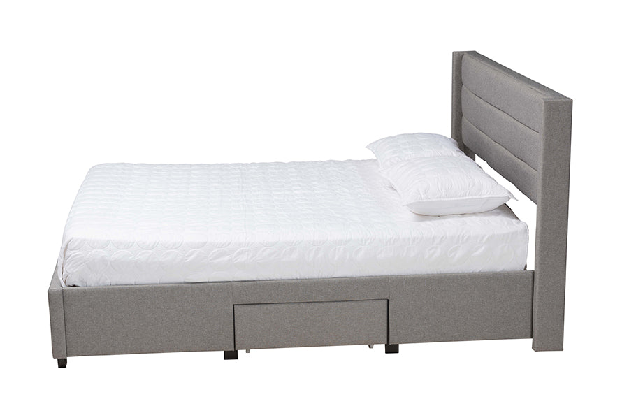 Baxton Studio Braylon Mid-Century Modern Transitional Light Grey Fabric and Dark Brown Finished Wood Queen Size 3-Drawer Storage Platform Bed