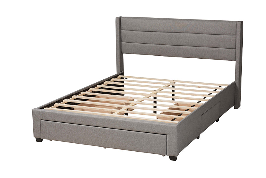 Baxton Studio Braylon Mid-Century Modern Transitional Light Grey Fabric and Dark Brown Finished Wood Queen Size 3-Drawer Storage Platform Bed