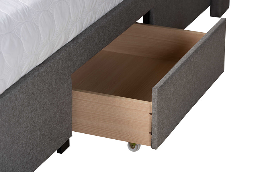 Baxton Studio Braylon Mid-Century Modern Transitional Light Grey Fabric and Dark Brown Finished Wood Queen Size 3-Drawer Storage Platform Bed