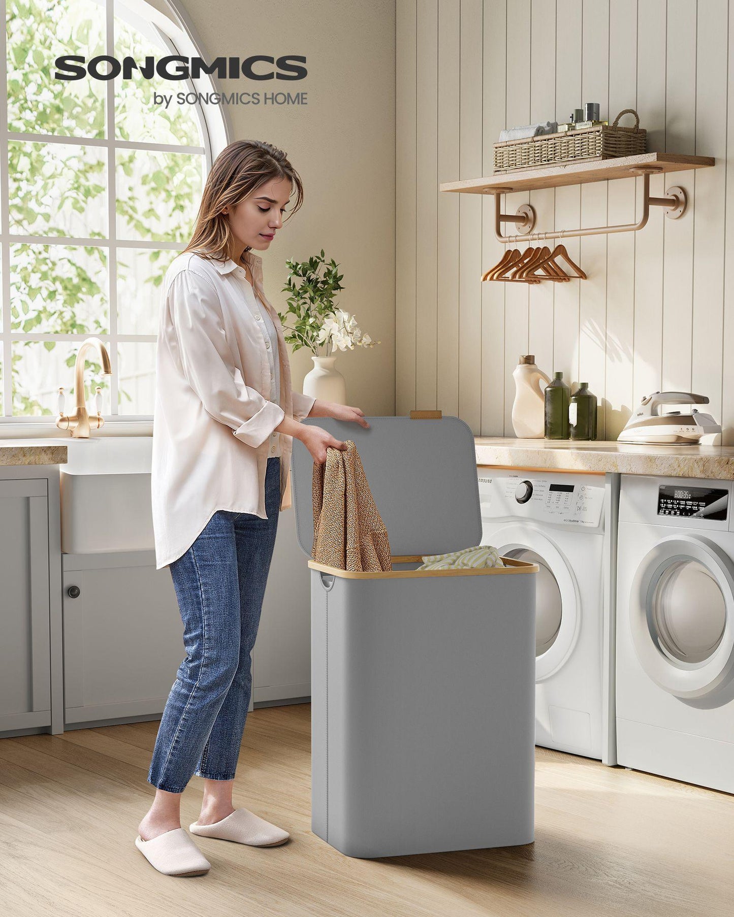 130L 2-Section Large Laundry Hamper Dove Gray FredCo