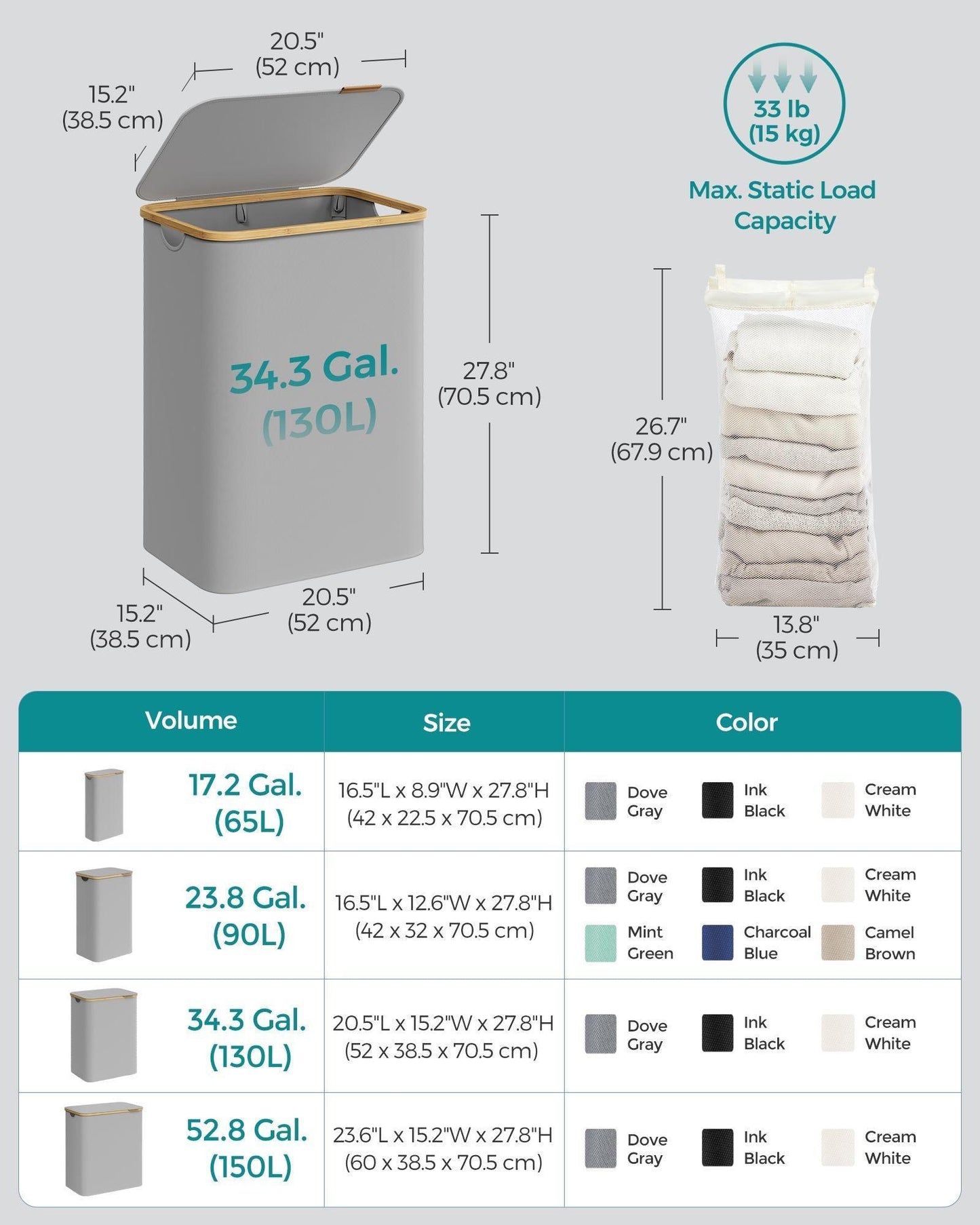130L 2-Section Large Laundry Hamper Dove Gray FredCo