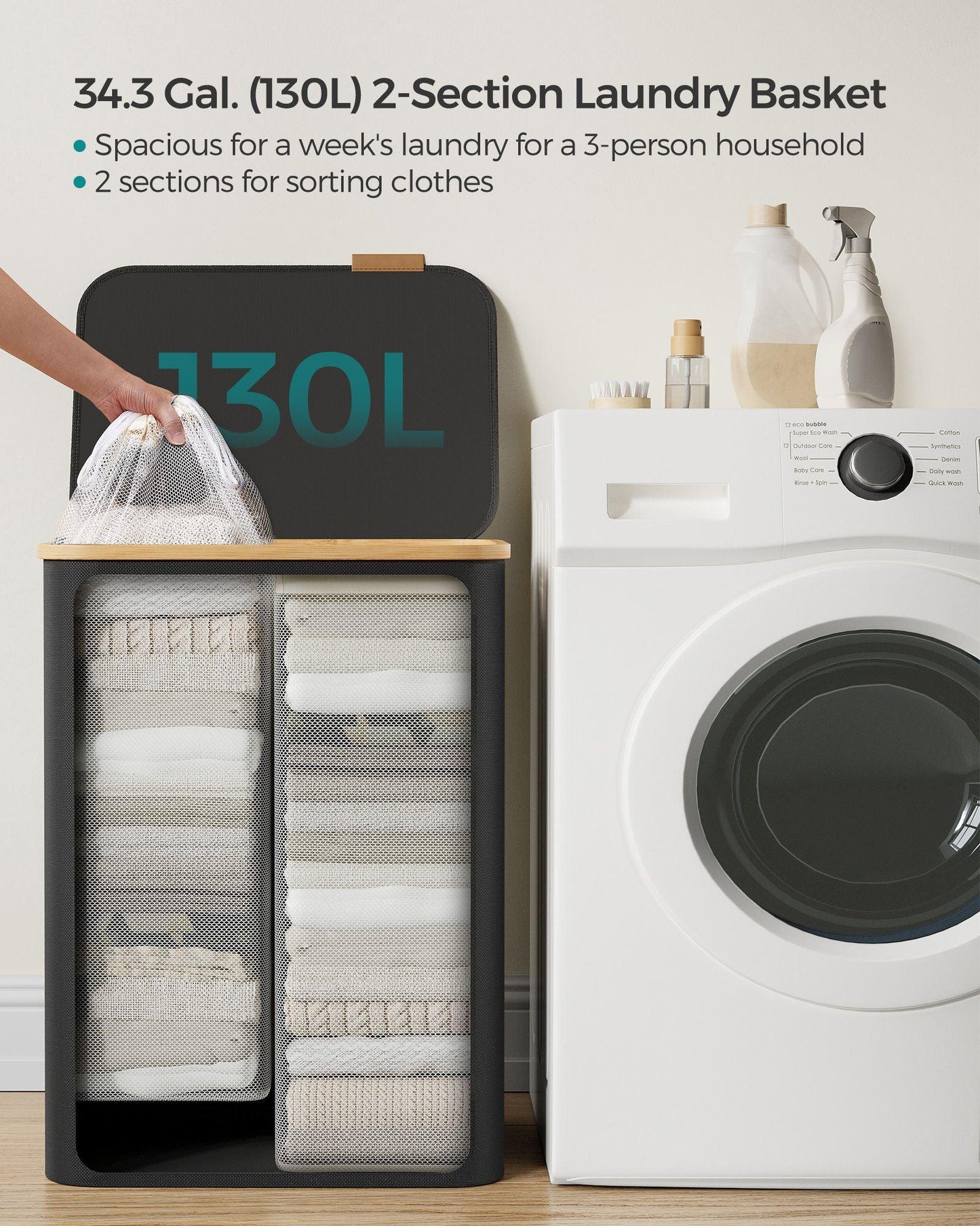 130L 2-Section Laundry Hamper with Lid Ink Black FredCo