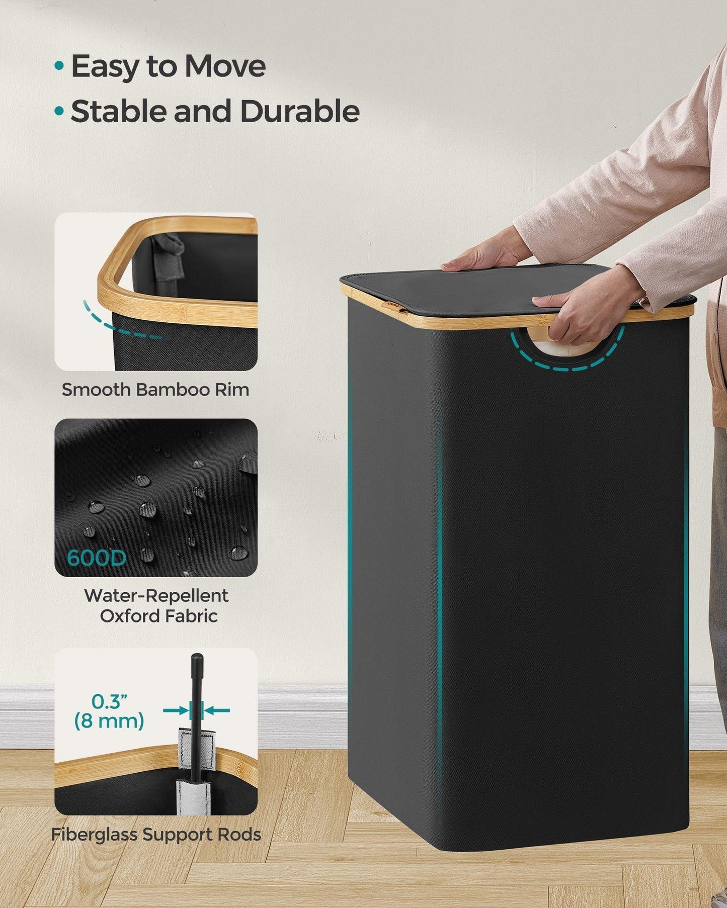 130L 2-Section Laundry Hamper with Lid Ink Black FredCo