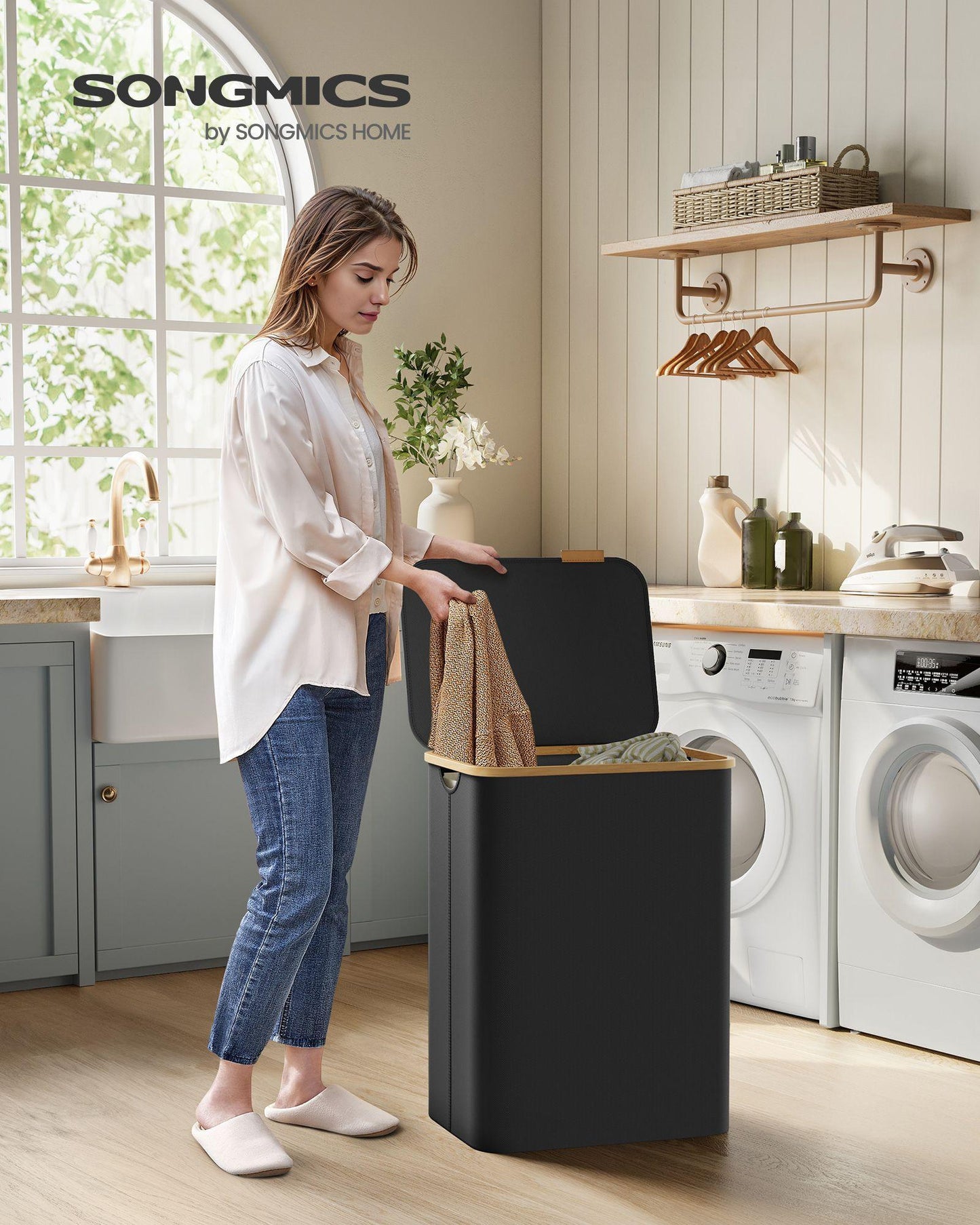 130L 2-Section Laundry Hamper with Lid Ink Black FredCo