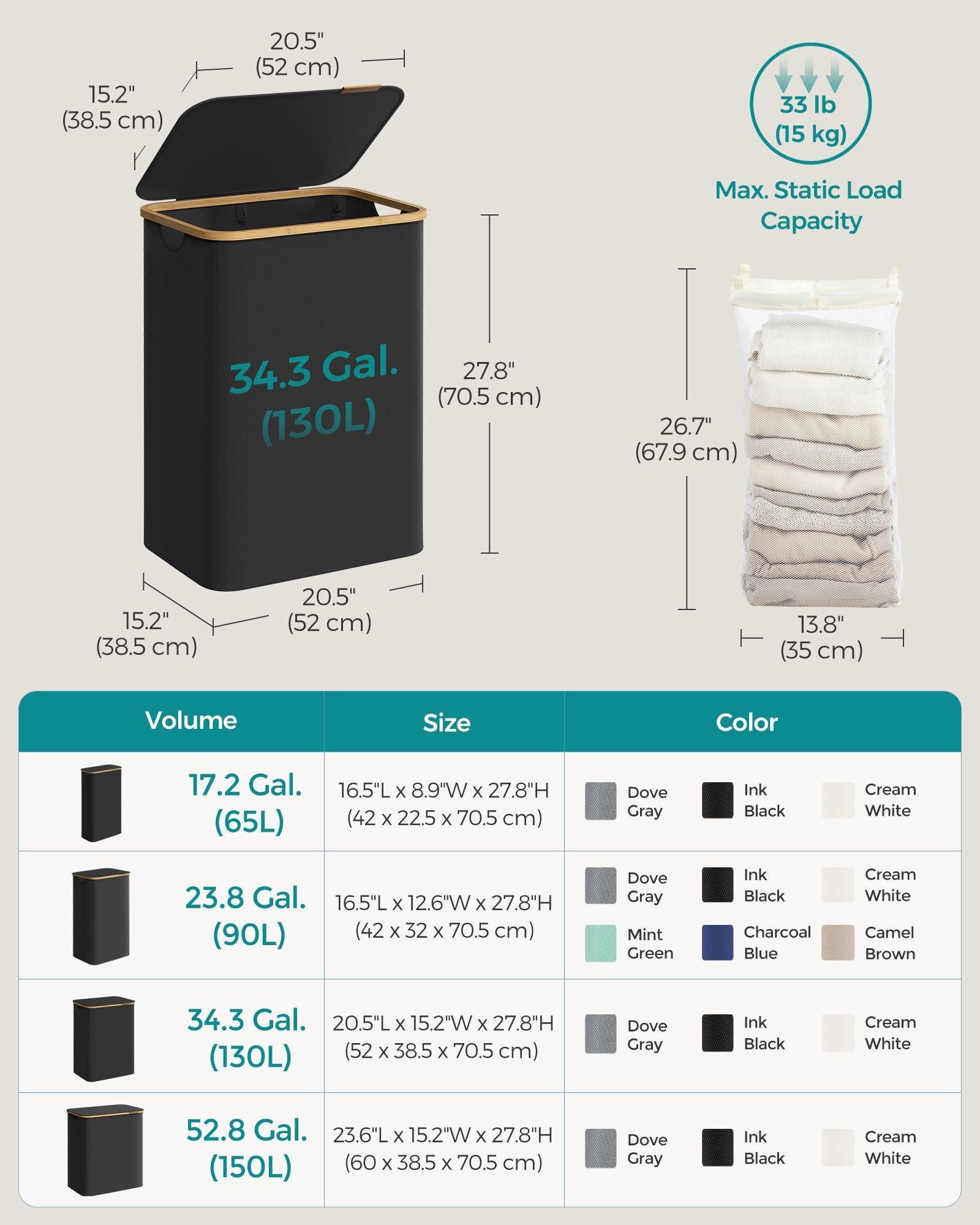 130L 2-Section Laundry Hamper with Lid Ink Black FredCo