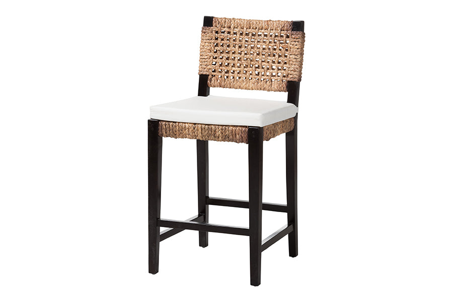Alise Modern Bohemian Dark Brown Mahogany Wood and Banana Fiber Counter Stool