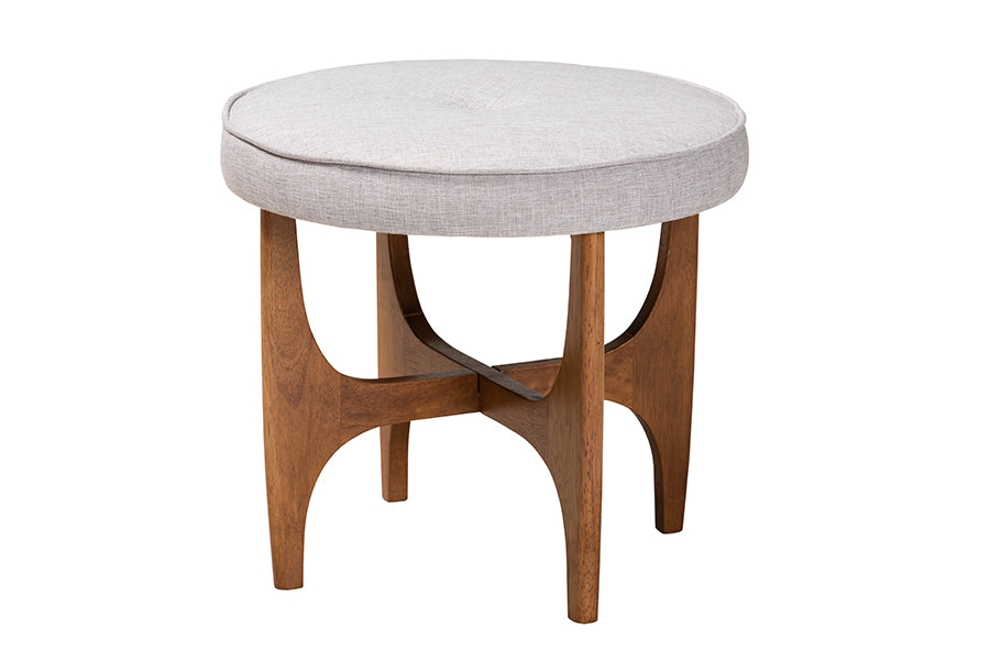 Baxton Studio Theo Japandi Greyish Beige Fabric and Walnut Brown Finished Wood Ottoman Footstool