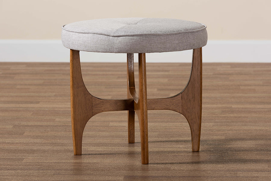 Baxton Studio Theo Japandi Greyish Beige Fabric and Walnut Brown Finished Wood Ottoman Footstool