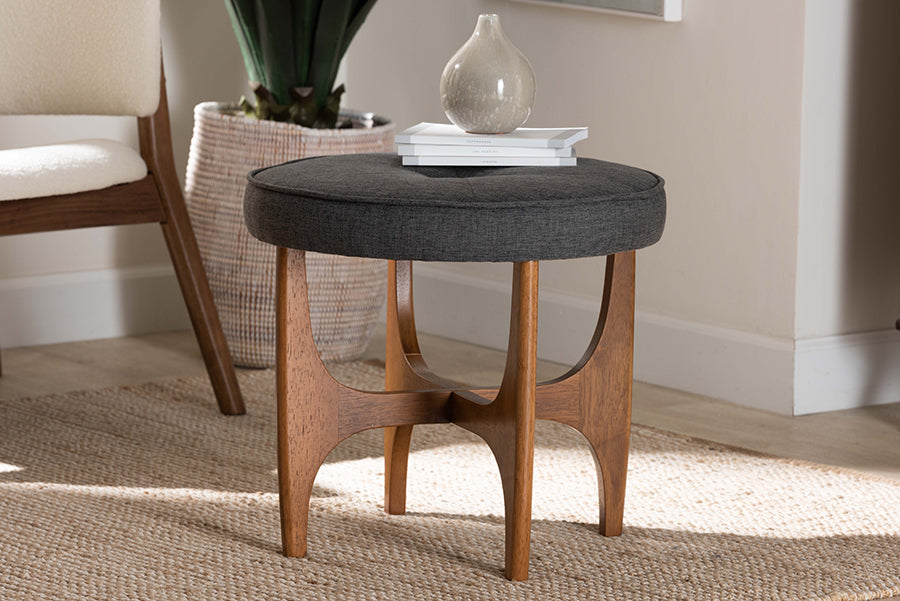 Baxton Studio Theo Japandi Dark Grey Fabric and Walnut Brown Finished Wood Ottoman Footstool