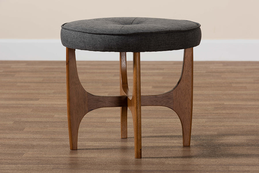 Baxton Studio Theo Japandi Dark Grey Fabric and Walnut Brown Finished Wood Ottoman Footstool