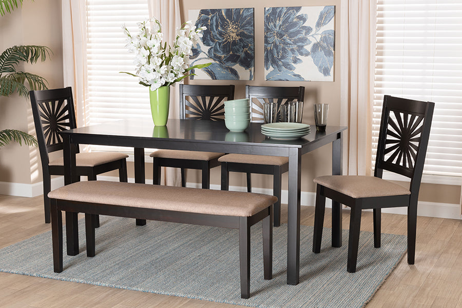 Baxton Studio Olympia Modern Beige Fabric and Espresso Brown Finished Wood 6-Piece Dining Set
