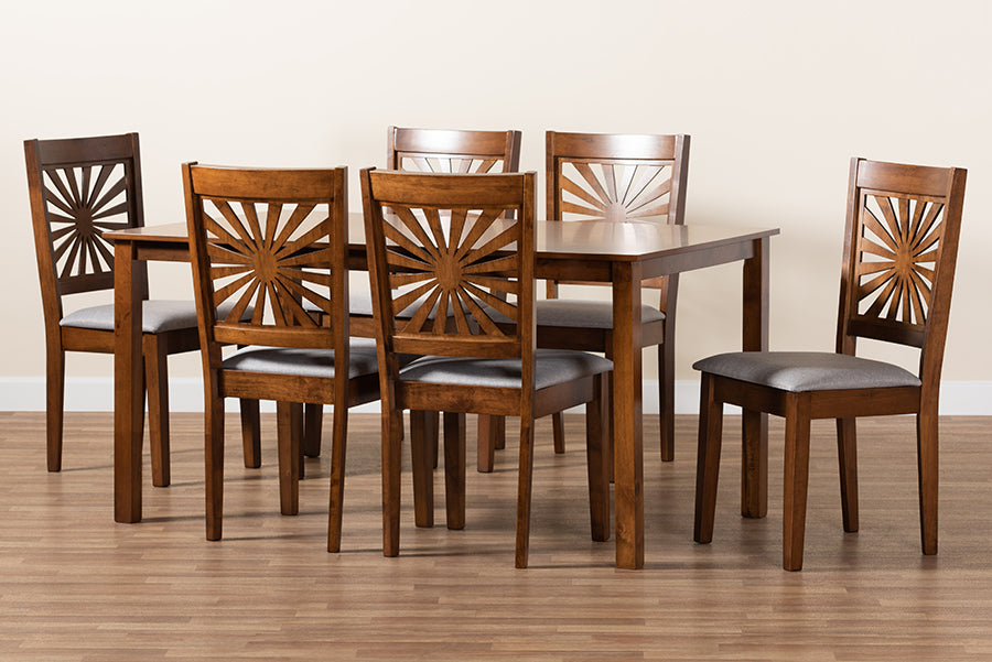 Baxton Studio Olympia Modern Grey Fabric and Walnut Brown Finished Wood 7-Piece Dining Set