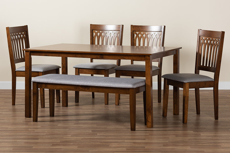 Baxton Studio Genesis Modern Grey Fabric and Walnut Brown Finished Wood 6-Piece Dining Set