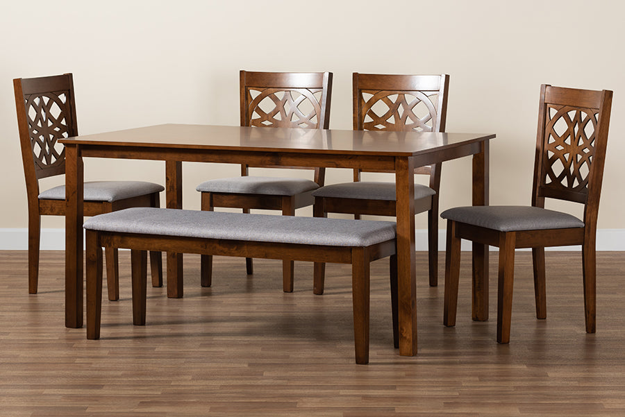 Baxton Studio Abigail Modern Grey Fabric and Walnut Brown Finished Wood 6-Piece Dining Set