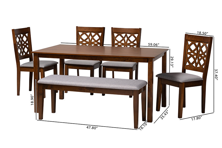 Baxton Studio Abigail Modern Grey Fabric and Walnut Brown Finished Wood 6-Piece Dining Set