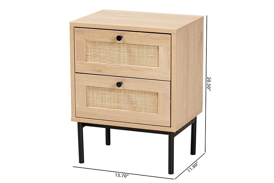 Baxton Studio Sherwin Mid-Century Modern Light Brown and Black 2-Drawer End Table with Woven Rattan Accent FredCo