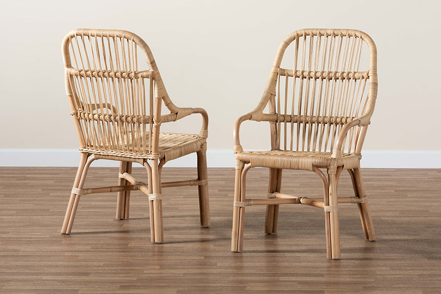 bali & pari Sumatera Modern Bohemian Natural Brown Rattan 2-Piece Dining Chair Set