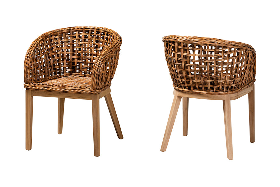 bali & pari Mario Modern Bohemian Natural Brown Finished Teak Wood and Rattan 2-Piece Dining Chair Set
