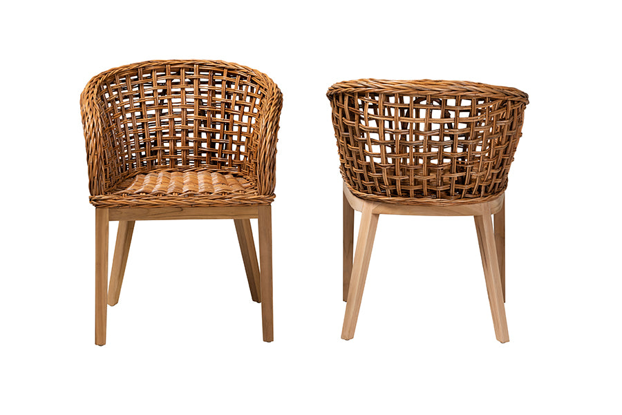 bali & pari Mario Modern Bohemian Natural Brown Finished Teak Wood and Rattan 2-Piece Dining Chair Set