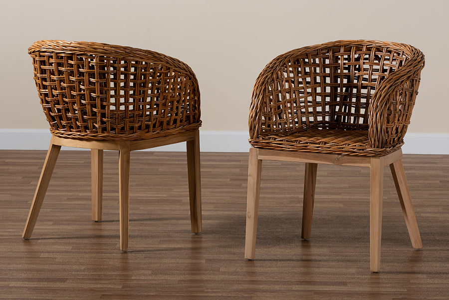 bali & pari Mario Modern Bohemian Natural Brown Finished Teak Wood and Rattan 2-Piece Dining Chair Set