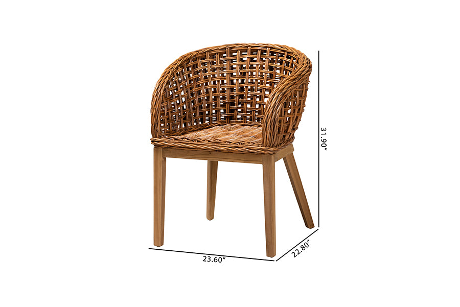 bali & pari Mario Modern Bohemian Natural Brown Finished Teak Wood and Rattan 2-Piece Dining Chair Set