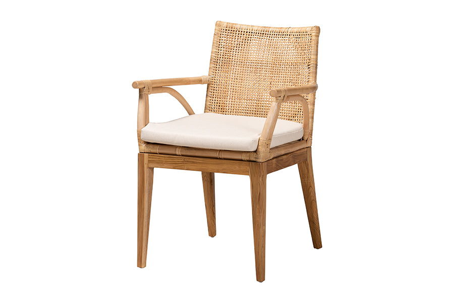 bali & pari Storsel Modern Bohemian Natural Brown Finished Teak Wood and Rattan Dining Chair