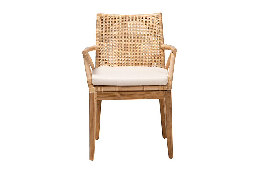 bali & pari Storsel Modern Bohemian Natural Brown Finished Teak Wood and Rattan Dining Chair
