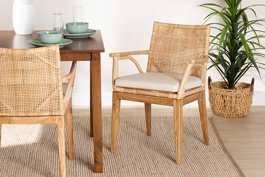 bali & pari Storsel Modern Bohemian Natural Brown Finished Teak Wood and Rattan Dining Chair
