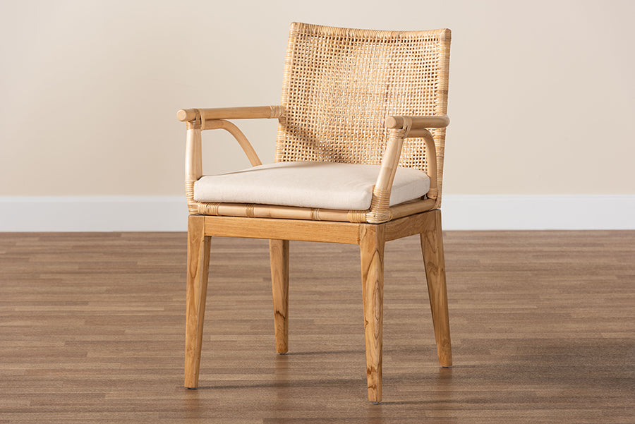 bali & pari Storsel Modern Bohemian Natural Brown Finished Teak Wood and Rattan Dining Chair