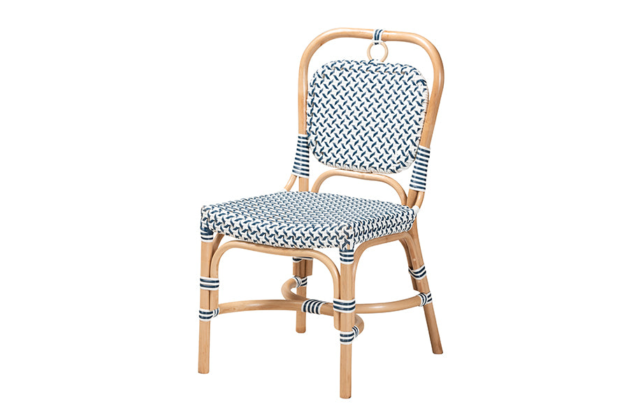 bali & pari Luciana Modern French Blue and White Weaving Natural Rattan Bistro Chair