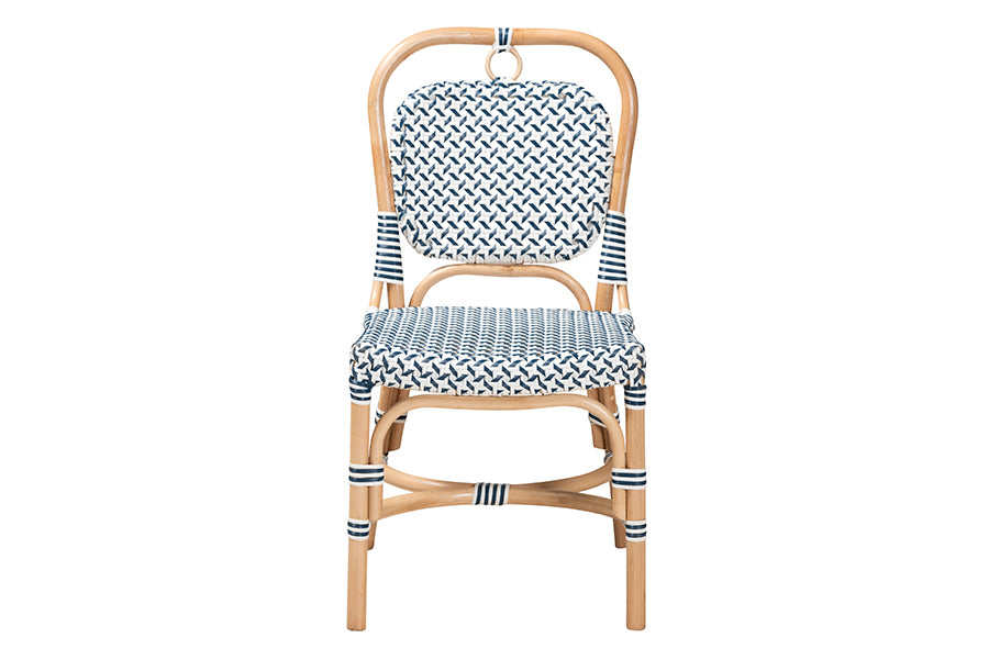 bali & pari Luciana Modern French Blue and White Weaving Natural Rattan Bistro Chair