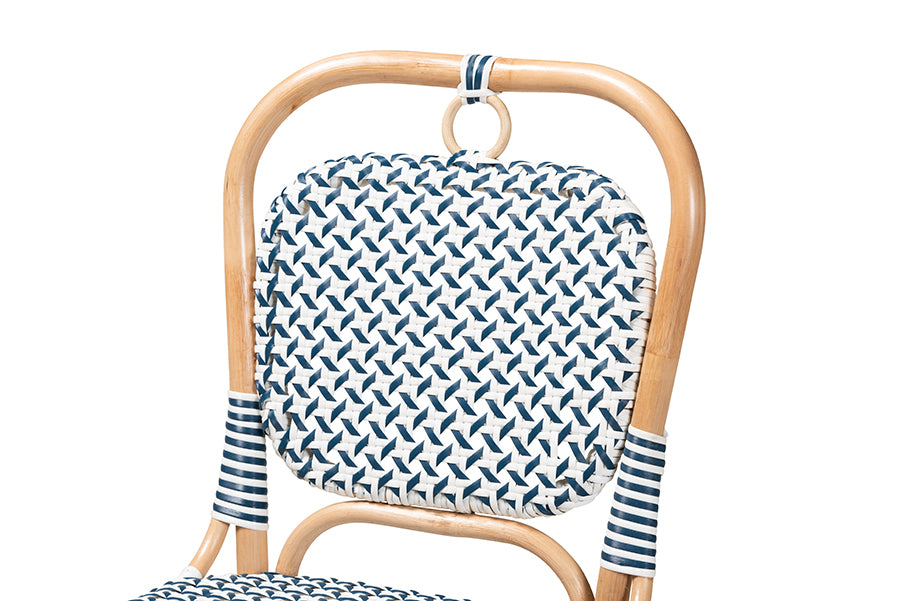bali & pari Luciana Modern French Blue and White Weaving Natural Rattan Bistro Chair