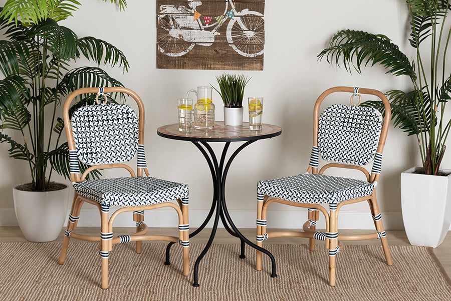 bali & pari Luciana Modern French Blue and White Weaving Natural Rattan Bistro Chair