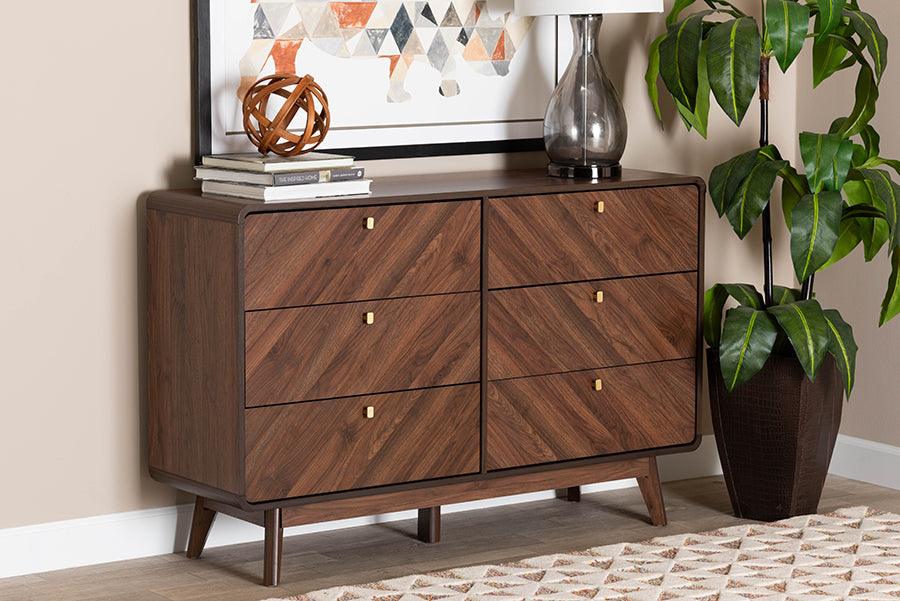 Baxton Studio Markell Mid-Century Modern Transitional Walnut Brown Finished Wood 6-Drawer Dresser FredCo