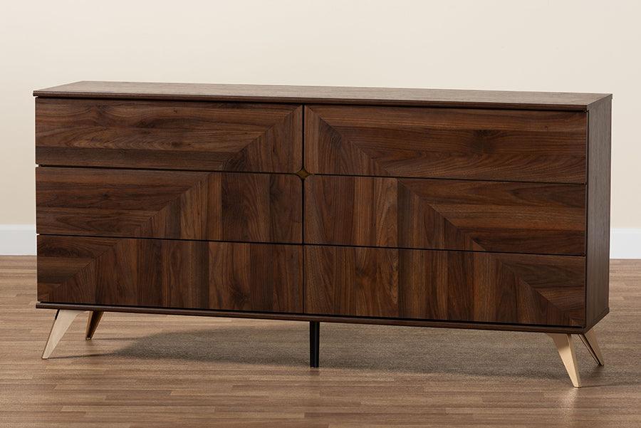 Baxton Studio Graceland Mid-Century Modern Transitional Walnut Brown Finished Wood 6-Drawer Dresser FredCo
