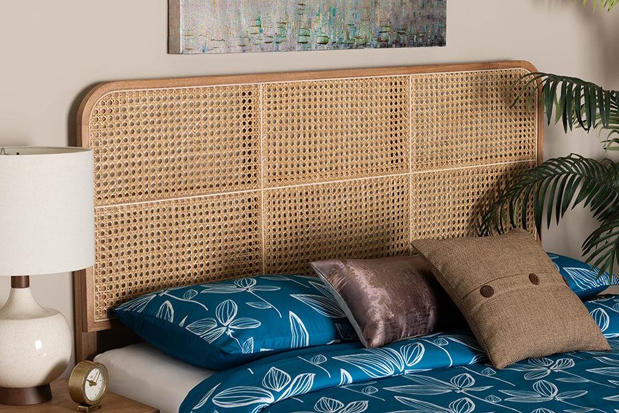 bali & pari Lainer Modern Bohemian Natural Brown Finished Bayur Wood and Rattan Queen Size Headboard FredCo