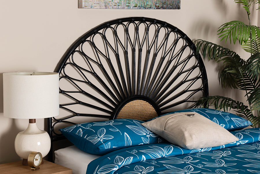 bali & pari Perenna Modern Bohemian Two-Tone Black and Natural Brown Rattan King Size Standalone Headboard