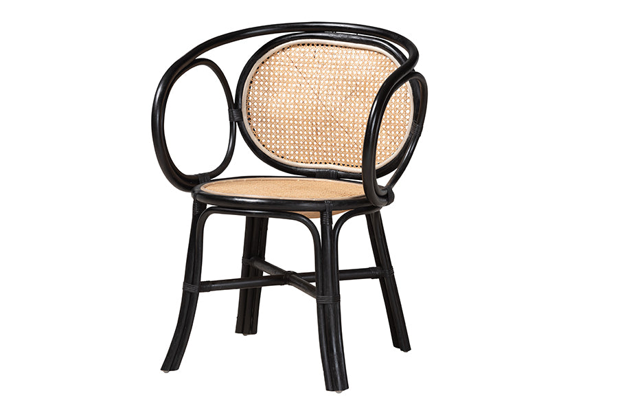 bali & pari Palesa Modern Bohemian Two-Tone Black and Natural Brown Rattan Dining Chair