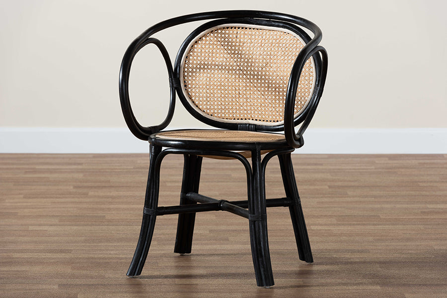 bali & pari Palesa Modern Bohemian Two-Tone Black and Natural Brown Rattan Dining Chair