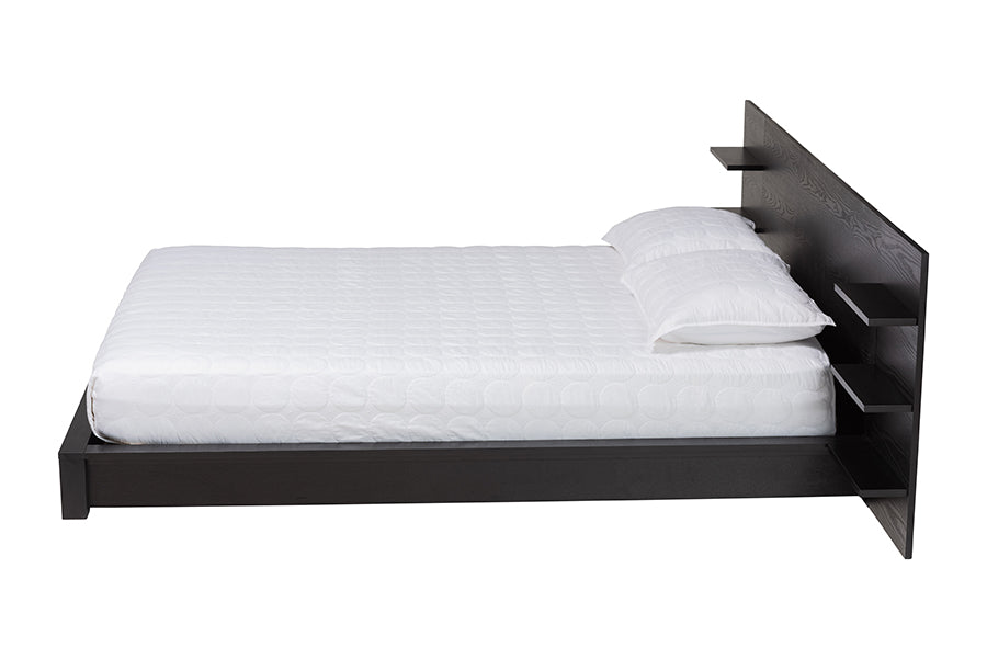 Baxton Studio Elina Modern Ebony Black Wood Queen Size Platform Bed with Built-In Shelves