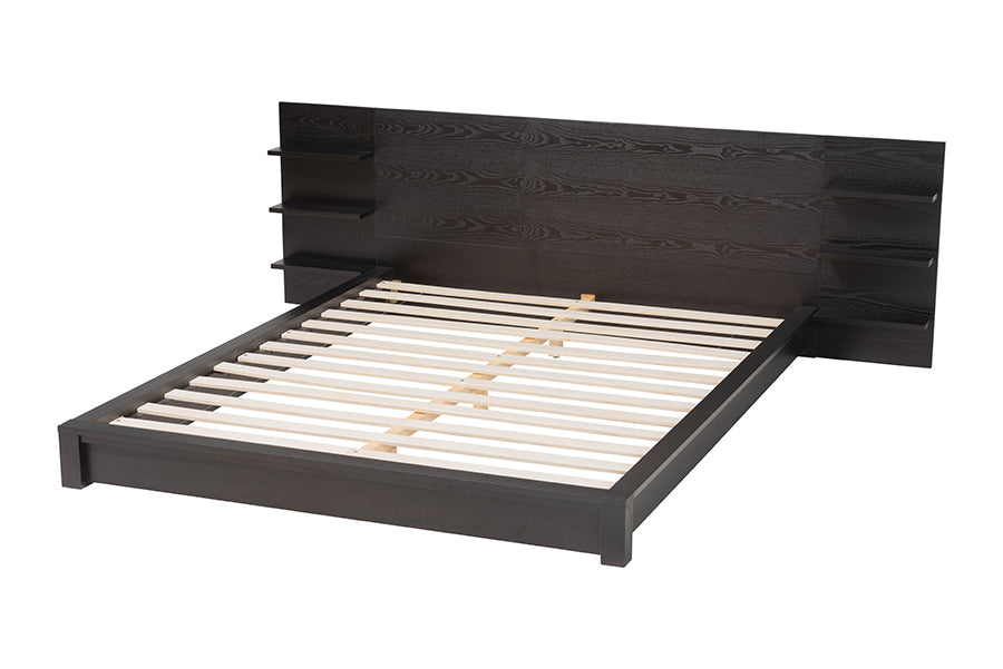 Baxton Studio Elina Modern Ebony Black Wood Queen Size Platform Bed with Built-In Shelves