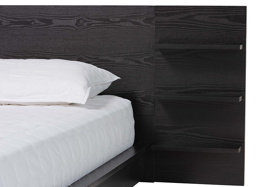 Baxton Studio Elina Modern Ebony Black Wood Queen Size Platform Bed with Built-In Shelves